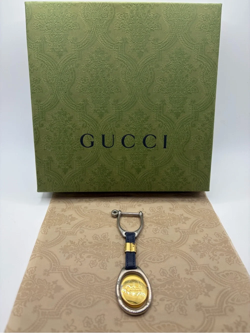Gucci Blue Leather Key Ring with Gold and Silver Hardware